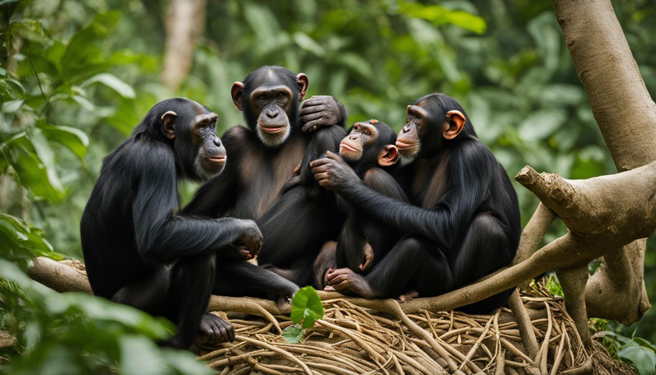 How do family bonds and relationships work in chimpanzee groups?