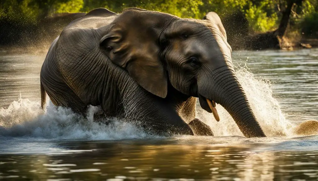 How do elephants interact with water and swimming?