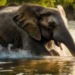 How do elephants interact with water and swimming?