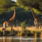 How do giraffes feed, and what is their feeding behavior?