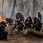 How do chimpanzees respond to wildfires in their habitats?