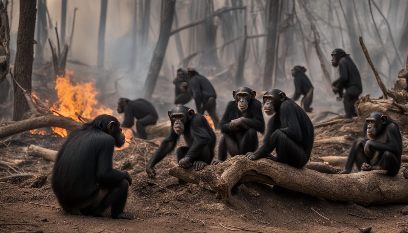 How do chimpanzees respond to wildfires in their habitats?
