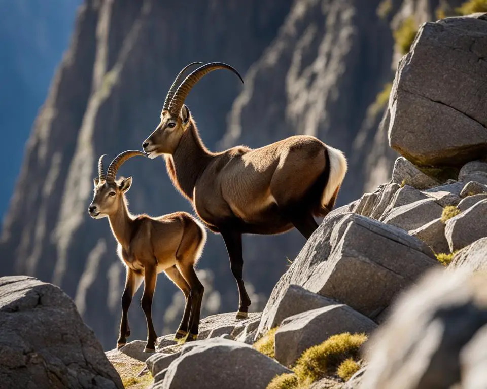 Ibex mother and her offspring on mountain