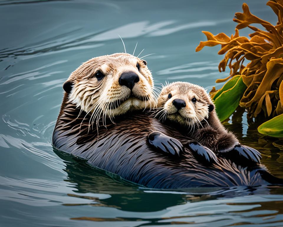 Mother sea otter with pup