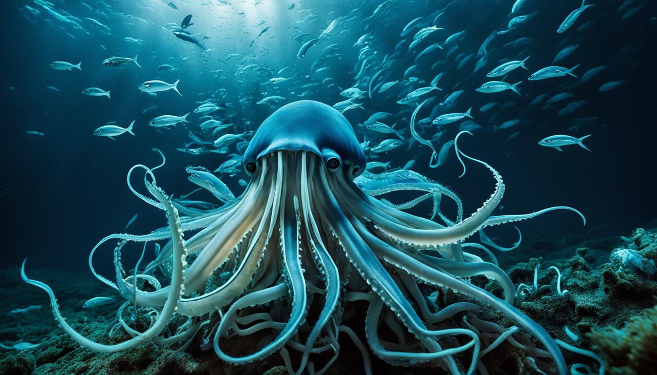 How do giant squids interact with other marine life?